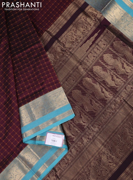 Kanchipuram silk cotton saree wine shade and teal blue with allover thread woven checked pattern and rettapet zari woven border