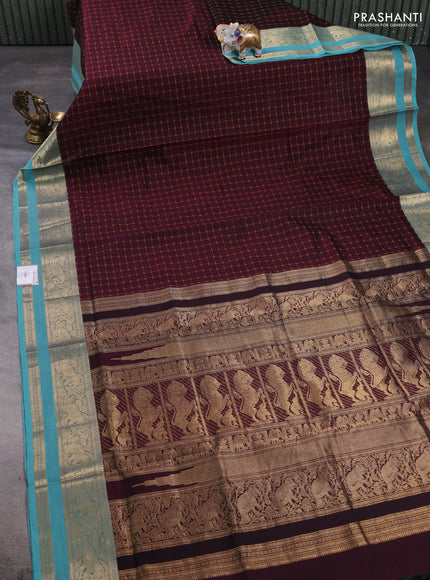 Kanchipuram silk cotton saree wine shade and teal blue with allover thread woven checked pattern and rettapet zari woven border