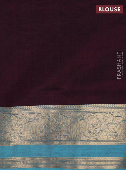Kanchipuram silk cotton saree wine shade and teal blue with allover thread woven checked pattern and rettapet zari woven border