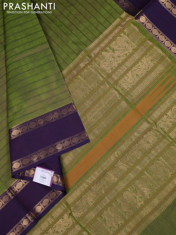 Kanchipuram silk cotton saree green and violet with allover thread weaves and rettapet zari woven border