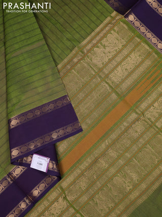 Kanchipuram silk cotton saree green and violet with allover thread weaves and rettapet zari woven border