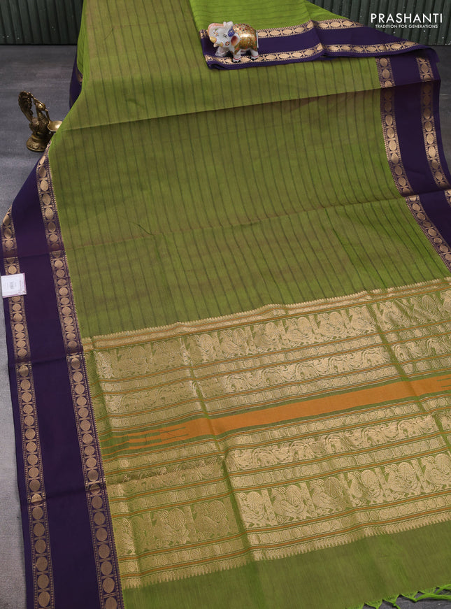 Kanchipuram silk cotton saree green and violet with allover thread weaves and rettapet zari woven border