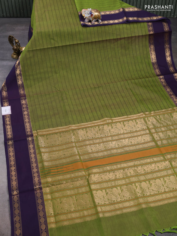Kanchipuram silk cotton saree green and violet with allover thread weaves and rettapet zari woven border