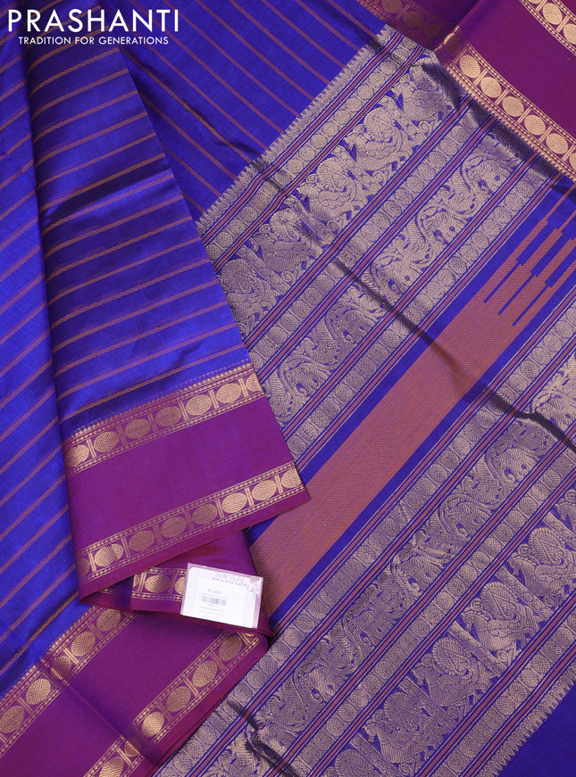 Kanchipuram silk cotton saree blue and dark magenta pink with allover thread weaves and rettapet zari woven border