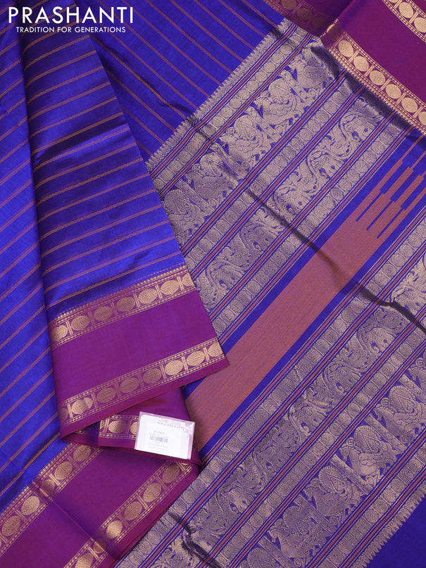 Kanchipuram silk cotton saree blue and dark magenta pink with allover thread weaves and rettapet zari woven border