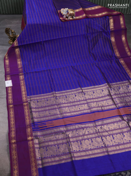 Kanchipuram silk cotton saree blue and dark magenta pink with allover thread weaves and rettapet zari woven border