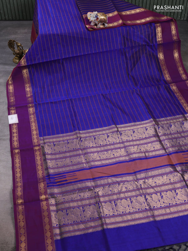 Kanchipuram silk cotton saree blue and dark magenta pink with allover thread weaves and rettapet zari woven border