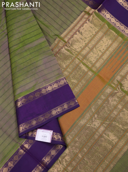 Kanchipuram silk cotton saree dual shade of green and violet with allover thread weaves and rettapet zari woven border