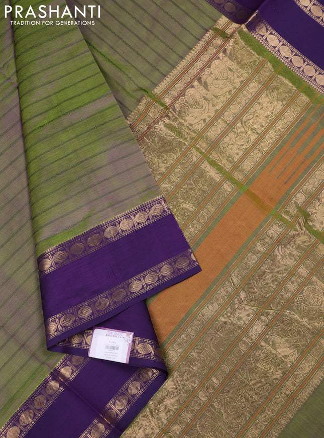 Kanchipuram silk cotton saree dual shade of green and violet with allover thread weaves and rettapet zari woven border