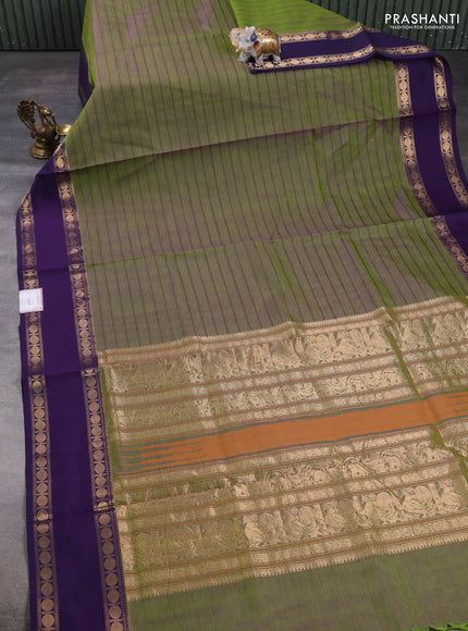 Kanchipuram silk cotton saree dual shade of green and violet with allover thread weaves and rettapet zari woven border