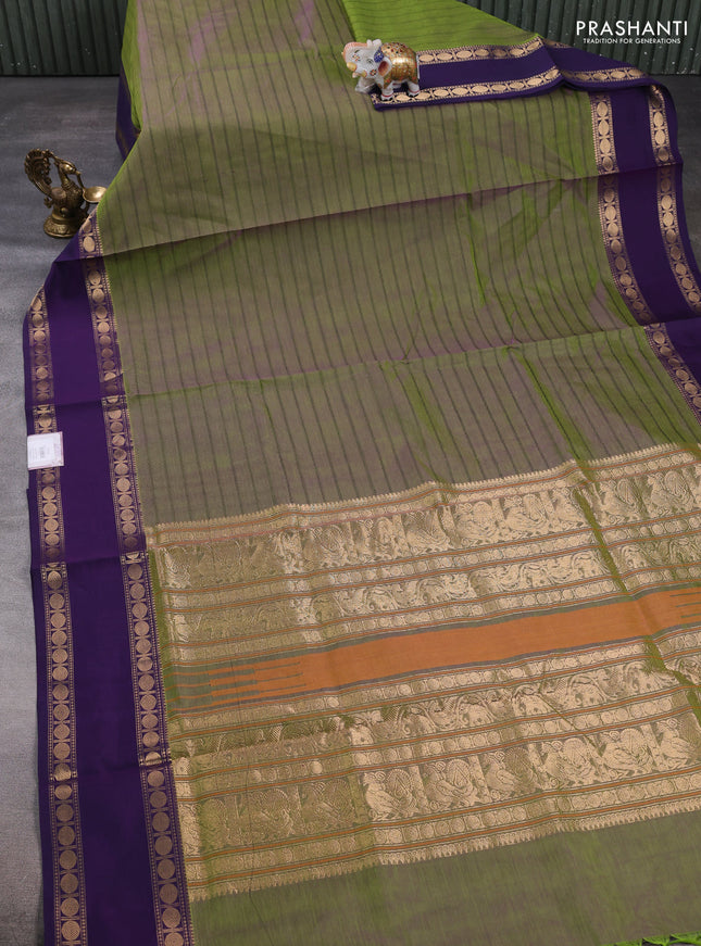 Kanchipuram silk cotton saree dual shade of green and violet with allover thread weaves and rettapet zari woven border