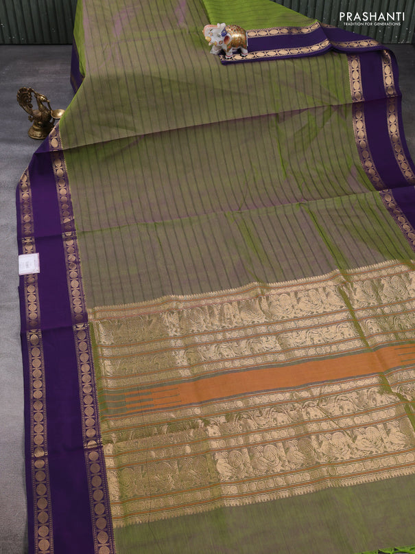 Kanchipuram silk cotton saree dual shade of green and violet with allover thread weaves and rettapet zari woven border