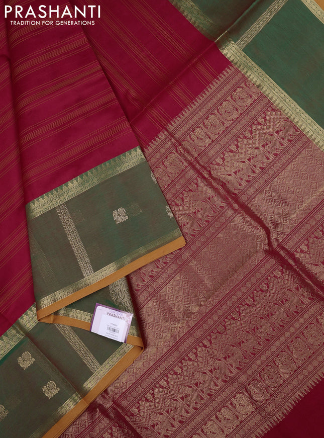 Kanchipuram silk cotton saree red and green with allover thread stripe pattern and long rettepet zari woven border