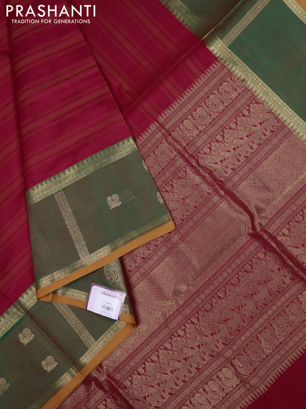 Kanchipuram silk cotton saree red and green with allover thread stripe pattern and long rettepet zari woven border
