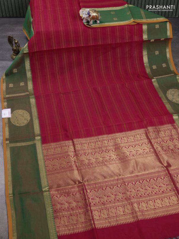 Kanchipuram silk cotton saree red and green with allover thread stripe pattern and long rettepet zari woven border
