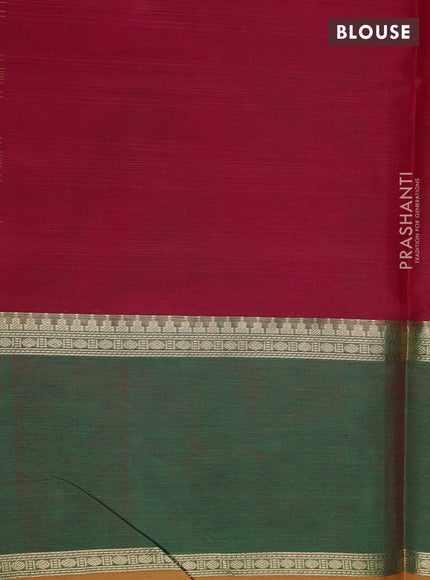 Kanchipuram silk cotton saree red and green with allover thread stripe pattern and long rettepet zari woven border
