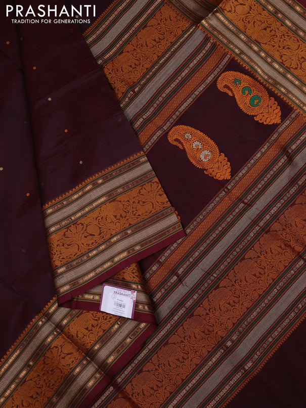 Kanchipuram silk cotton saree maroon with thread & zari woven buttas and long thread & zari woven border