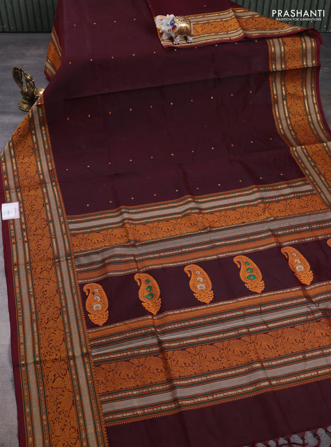 Kanchipuram silk cotton saree maroon with thread & zari woven buttas and long thread & zari woven border