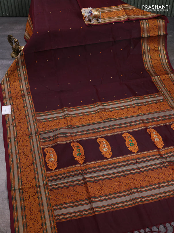 Kanchipuram silk cotton saree maroon with thread & zari woven buttas and long thread & zari woven border