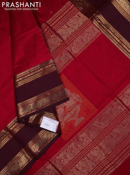 Kanchipuram silk cotton saree pink and maroon with zari woven buttas and long rettepet zari woven border