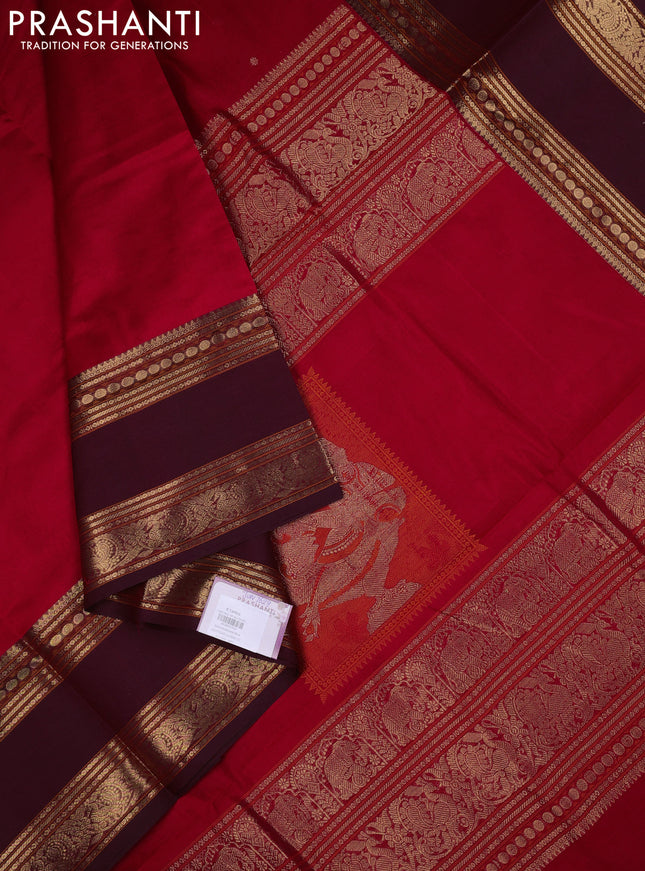 Kanchipuram silk cotton saree pink and maroon with zari woven buttas and long rettepet zari woven border
