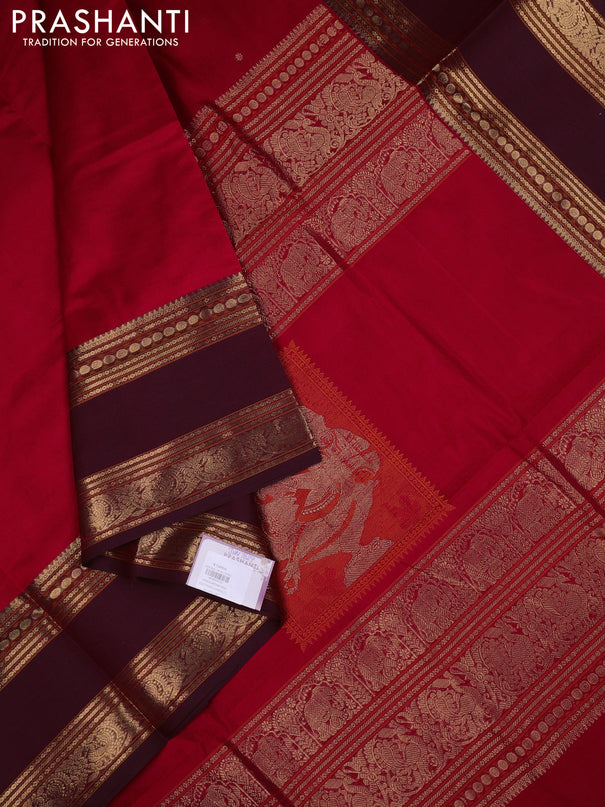 Kanchipuram silk cotton saree pink and maroon with zari woven buttas and long rettepet zari woven border
