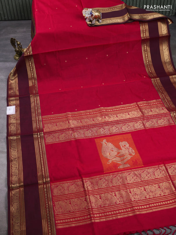 Kanchipuram silk cotton saree pink and maroon with zari woven buttas and long rettepet zari woven border