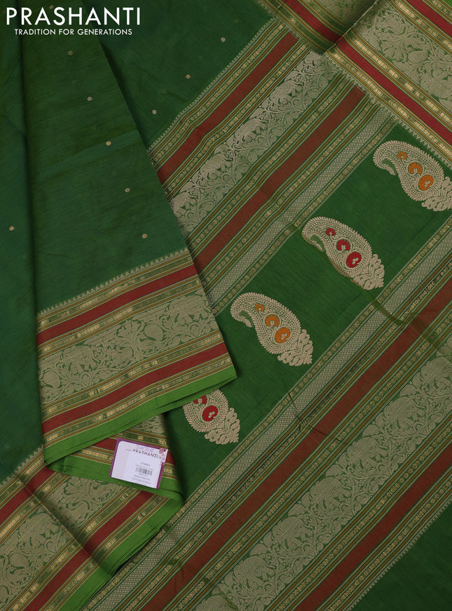 Kanchipuram silk cotton saree green with thread & zari woven buttas and long thread & zari woven border