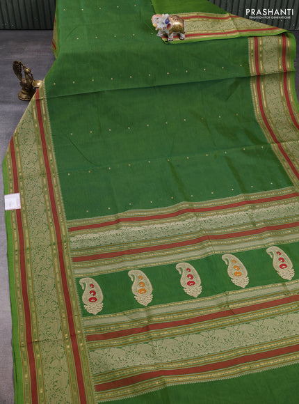 Kanchipuram silk cotton saree green with thread & zari woven buttas and long thread & zari woven border