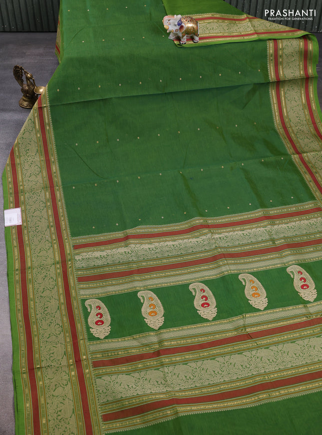 Kanchipuram silk cotton saree green with thread & zari woven buttas and long thread & zari woven border