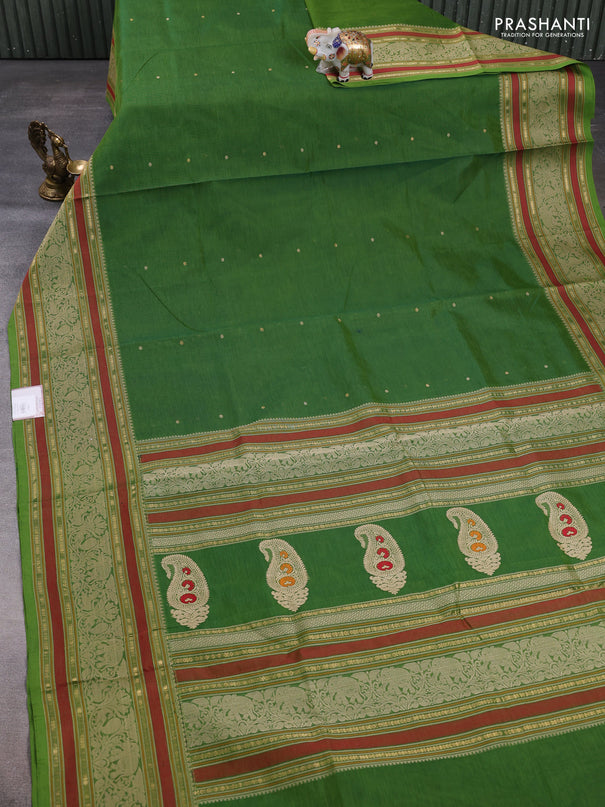 Kanchipuram silk cotton saree green with thread & zari woven buttas and long thread & zari woven border