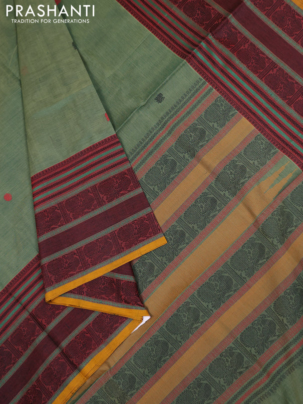 Kanchipuram silk cotton saree green shade and maroon mustard with annam & rudhraksha thread woven buttas and long thread woven border