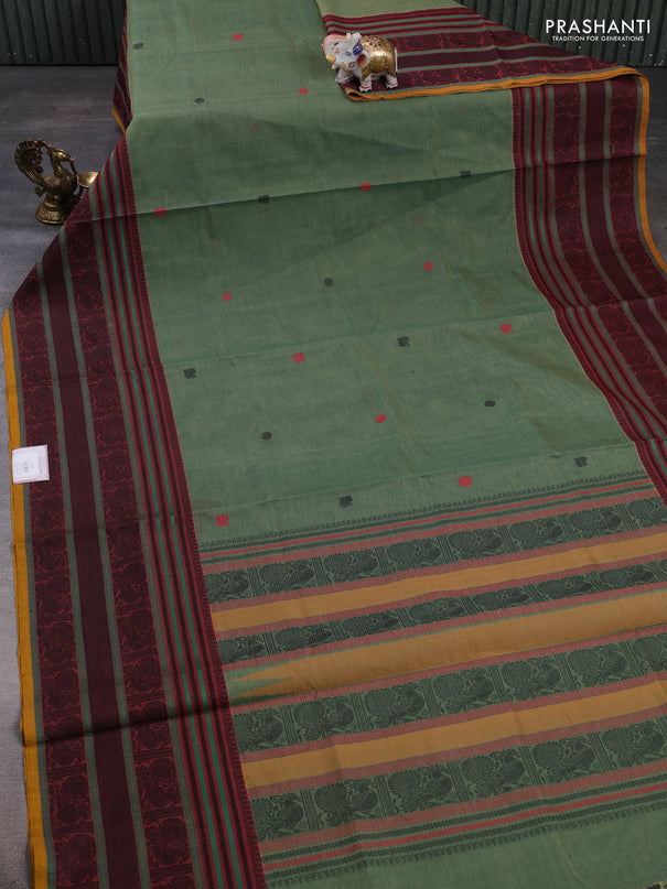 Kanchipuram silk cotton saree green shade and maroon mustard with annam & rudhraksha thread woven buttas and long thread woven border