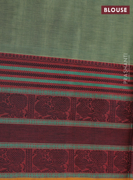 Kanchipuram silk cotton saree green shade and maroon mustard with annam & rudhraksha thread woven buttas and long thread woven border