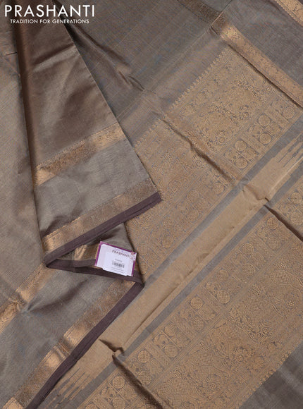 Kanchipuram silk cotton saree chikku shade and pastel brown with allover vairaosi pattern and rettapet zari woven border