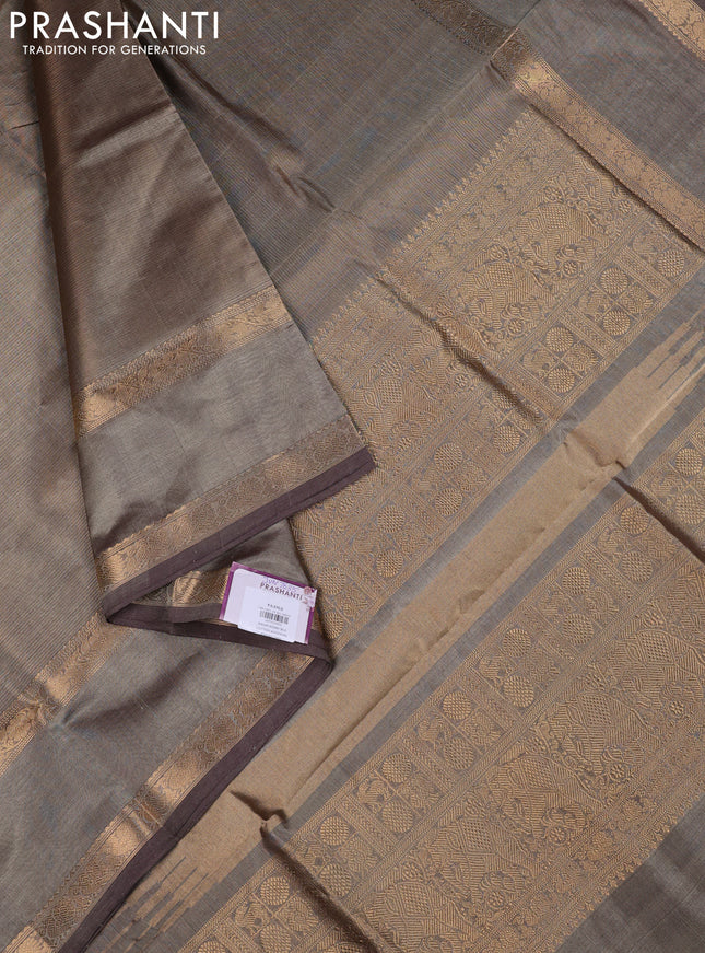 Kanchipuram silk cotton saree chikku shade and pastel brown with allover vairaosi pattern and rettapet zari woven border