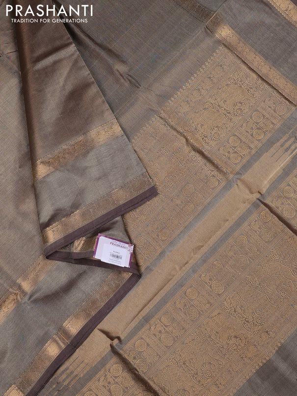 Kanchipuram silk cotton saree chikku shade and pastel brown with allover vairaosi pattern and rettapet zari woven border