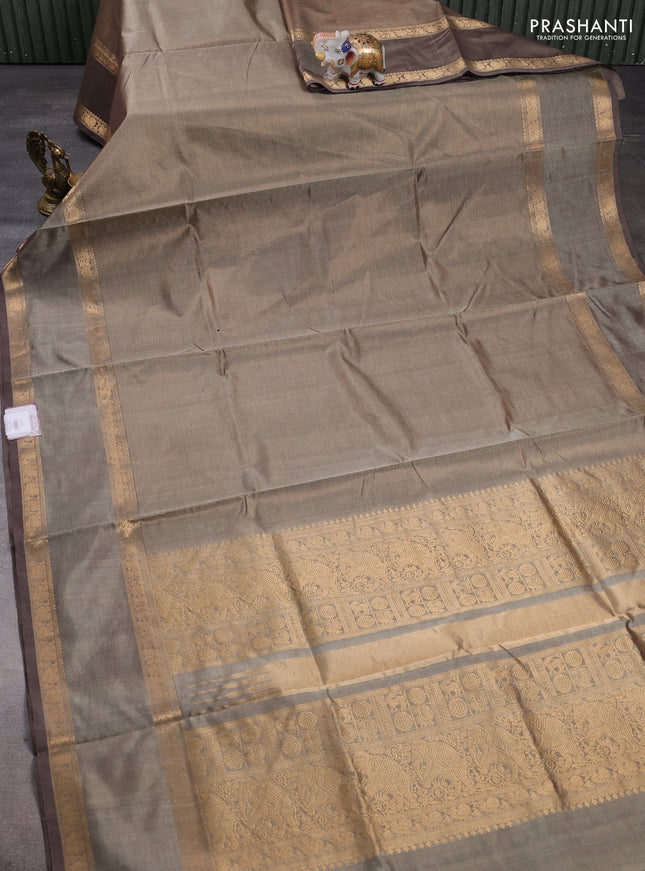Kanchipuram silk cotton saree chikku shade and pastel brown with allover vairaosi pattern and rettapet zari woven border
