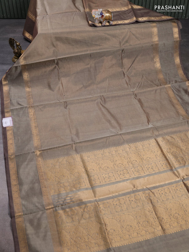Kanchipuram silk cotton saree chikku shade and pastel brown with allover vairaosi pattern and rettapet zari woven border