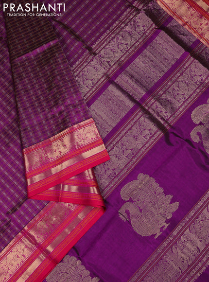 Kanchipuram silk cotton saree purple and pink with allover thread checks & buttas and zari woven border