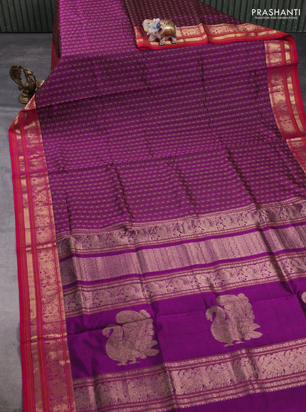 Kanchipuram silk cotton saree purple and pink with allover thread checks & buttas and zari woven border