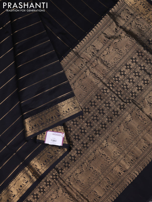 Kanchipuram silk cotton saree black with allover zari stripe pattern and elephant zari woven border