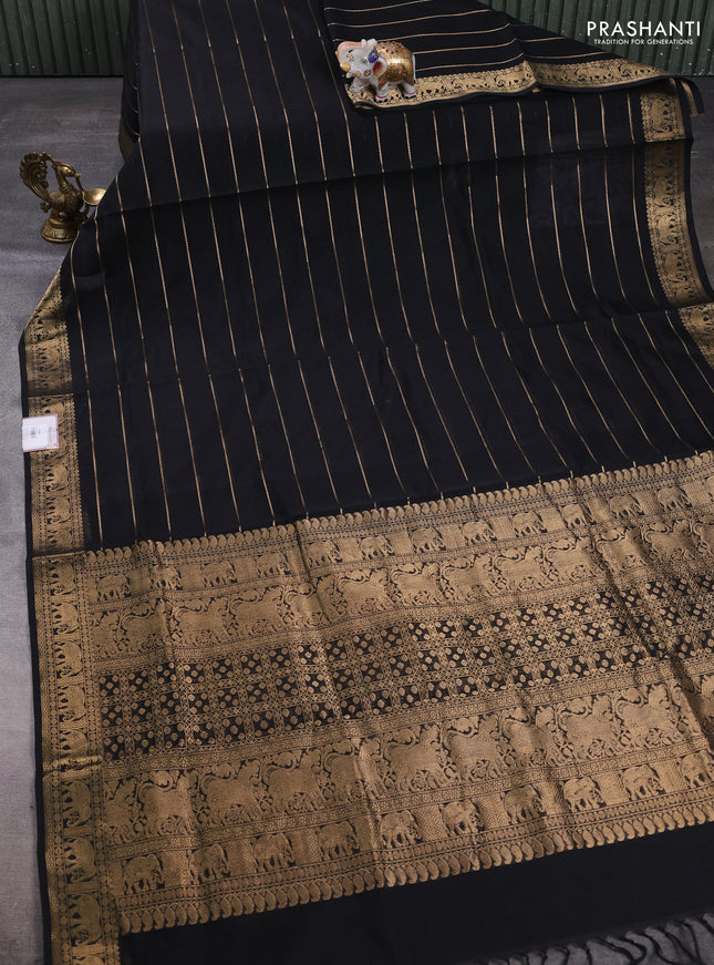 Kanchipuram silk cotton saree black with allover zari stripe pattern and elephant zari woven border