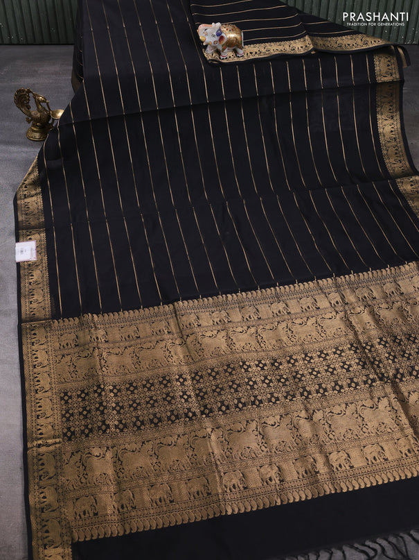 Kanchipuram silk cotton saree black with allover zari stripe pattern and elephant zari woven border