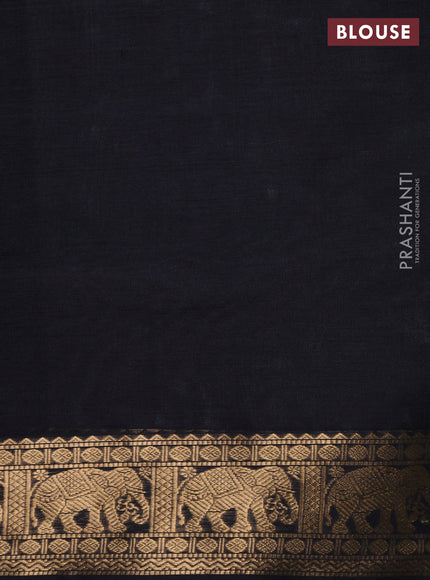 Kanchipuram silk cotton saree black with allover zari stripe pattern and elephant zari woven border