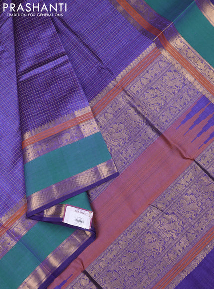 Kanchipuram silk cotton saree blue and dual shade of green with allover lakshadeepam weaves and rettapet zari woven border