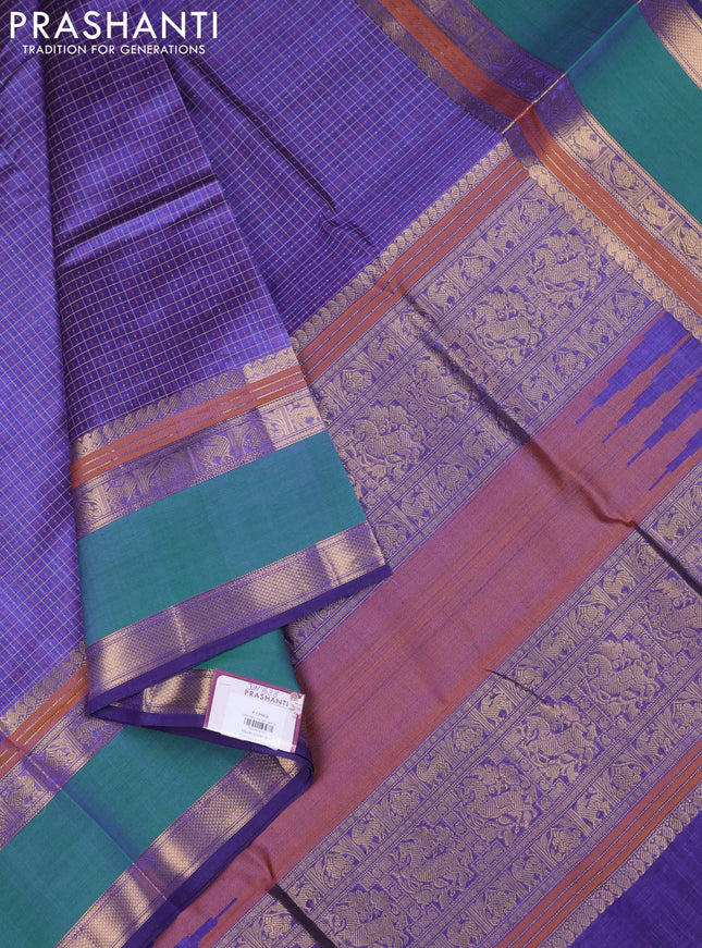 Kanchipuram silk cotton saree blue and dual shade of green with allover lakshadeepam weaves and rettapet zari woven border