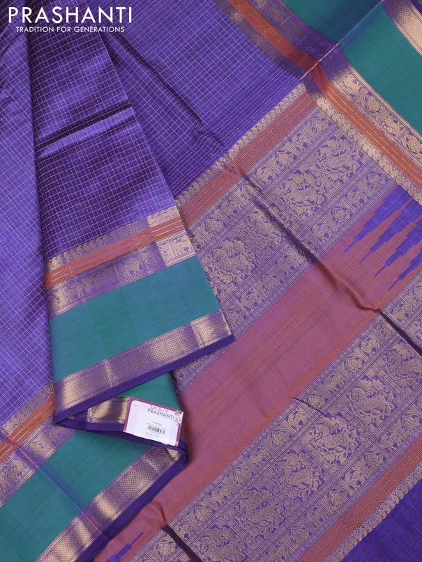 Kanchipuram silk cotton saree blue and dual shade of green with allover lakshadeepam weaves and rettapet zari woven border