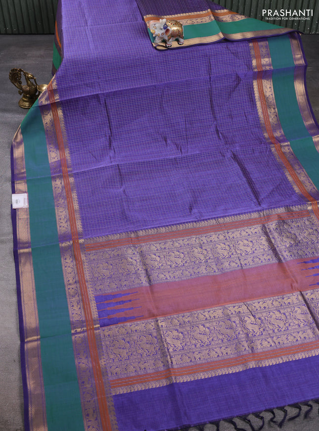 Kanchipuram silk cotton saree blue and dual shade of green with allover lakshadeepam weaves and rettapet zari woven border