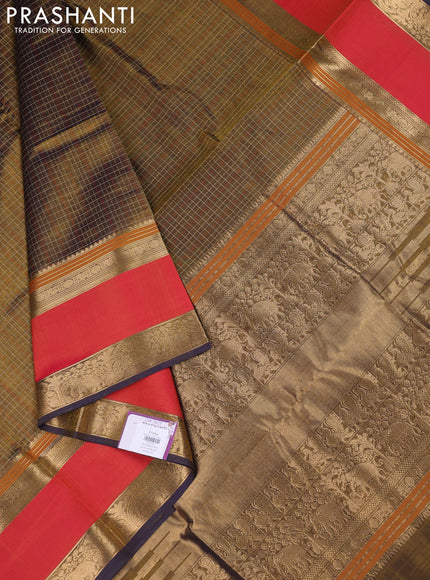 Kanchipuram silk cotton saree olive green and red with allover lakshadeepam weaves and rettapet zari woven border